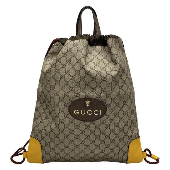 Auth GUCCI GG Supreme Drawstring Backpack 473872 Dark Brown Beige Yellow PVC - Picture 1 of 16